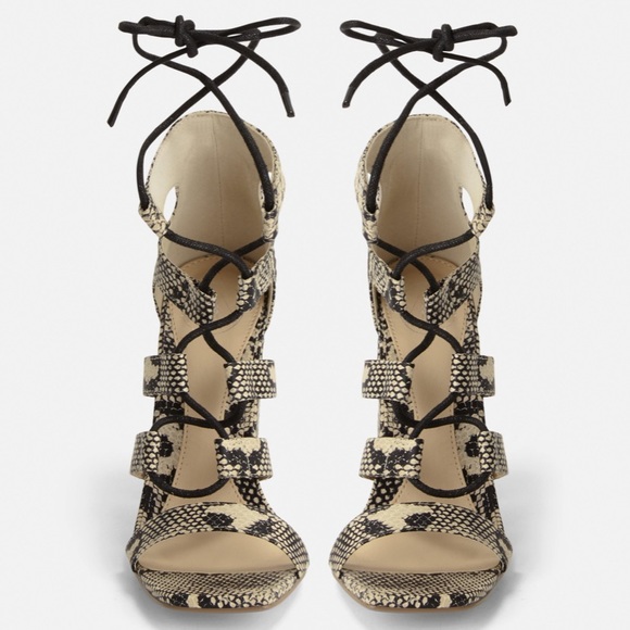 Gray Snake Print Flare Heel Ghillie Sandals - Picture 3 of 3